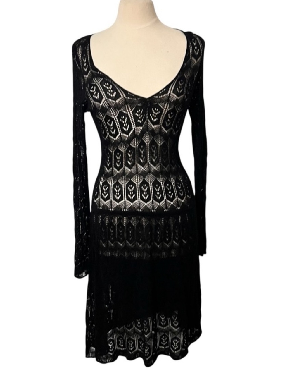 Viola Dress Size Small Crochet Black Cashmere Blend V-Neck Long Sleeves